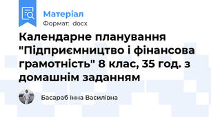 Календарне планування "Підприємництво і фінансова грамотність" 8 клас, 35 год. з домашнім заданням