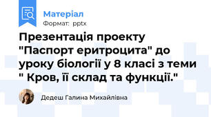 Презентація проекту "Паспорт еритроцита" до уроку біології у 8 класі з теми " Кров, її склад та функції."