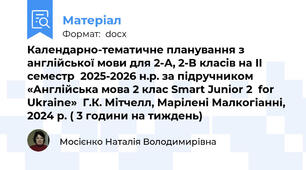 Календарно-тематичне планування з англійської мови для 2-А, 2-В класів на ІІ  семестр  2025-2026 н.р. за підручником  «Англійська мова 2 клас Smart Junior 2  for Ukraine»  Г.К. Мітчелл, Марілені Малкогіанні, 2024 р. ( 3 години на тиждень)
