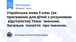 Українська мова 5 клас (за програмою для дітей з розумовою  відсталістю) Тема:  Iменник. Загальне  поняття  про iменник.