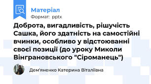 Доброта, вигадливість, рішучість Сашка, його здатність на самостійні вчинки, особливо у відстоюванні своєї позиції (до уроку Миколи Вінграновського "Сіроманець")