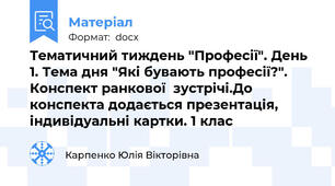 Тематичний тиждень "Професії". День 1. Тема дня "Які бувають професії?". Конспект ранкової  зустрічі.До конспекта додається презентація, індивідуальні картки. 1 клас