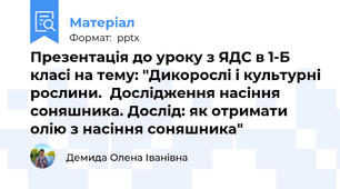 Презентація до уроку з ЯДС в 1-Б класі на тему: "Дикорослі і культурні рослини.  Дослідження насіння соняшника. Дослід: як отримати олію з насіння соняшника"