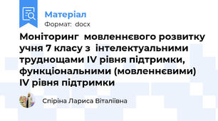 Моніторинг  мовленнєвого розвитку учня 7 класу з  інтелектуальними труднощами ІV рівня підтримки, функціональними (мовленнєвими) IV рівня підтримки