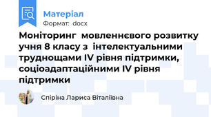 Моніторинг  мовленнєвого розвитку учня 8 класу з  інтелектуальними труднощами ІV рівня підтримки, соціоадаптаційними IV рівня підтримки