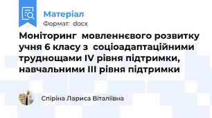 Моніторинг  мовленнєвого розвитку учня 6 класу з  соціоадаптаційними труднощами ІV рівня підтримки, навчальними ІІІ рівня підтримки
