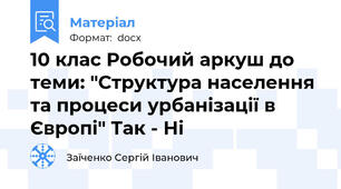 10 клас Робочий аркуш до теми: "Структура населення та процеси урбанізації в Європі" Так - Ні