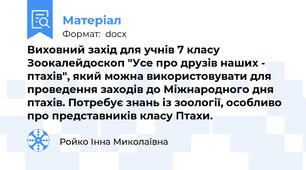 Виховний захід для учнів 7 класу Зоокалейдоскоп "Усе про друзів наших - птахів", який можна використовувати для проведення заходів до Міжнародного дня птахів. Потребує знань із зоології, особливо про представників класу Птахи.
