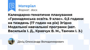 Календарно-тематичне планування «Громадянська освіта. 9 клас». 0,5 години на тиждень (17 годин на рік) Згідно Модельної навчальної програми (авт. Васильків І. Д., Кравчук В. М., Танчин І. З.)