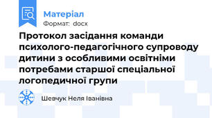 Протокол засідання команди психолого-педагогічного супроводу дитини з особливими освітніми потребами старшої спеціальної логопедичної групи