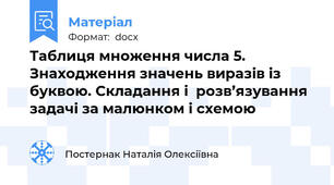 Таблиця множення числа 5. Знаходження значень виразів із буквою. Складання і  розв’язування задачі за малюнком і схемою