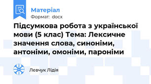 Підсумкова робота з української мови (5 клас) Тема: Лексичне значення слова, синоніми, антоніми, омоніми, пароніми