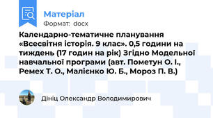 Календарно-тематичне планування «Всесвітня історія. 9 клас». 0,5 години на тиждень (17 годин на рік) Згідно Модельної навчальної програми (авт. Пометун О. І., Ремех Т. О., Малієнко Ю. Б., Мороз П. В.)