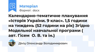 Календарно-тематичне планування «Історія України. 9 клас». 1,5 години на тиждень (52 години на рік) Згідно Модельної навчальної програми ( авт. Гісем  О. В. та ін.)