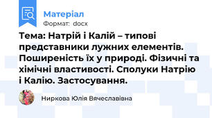Тема: Натрій і Калій – типові представники лужних елементів. Поширеність їх у природі. Фізичні та хімічні властивості. Сполуки Натрію і Калію. Застосування.
