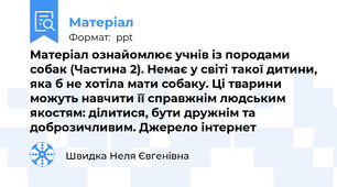 Матеріал ознайомлює учнів із породами собак (Частина 2). Немає у світі такої дитини, яка б не хотіла мати собаку. Ці тварини можуть навчити її справжнім людським якостям: ділитися, бути дружнім та доброзичливим. Джерело інтернет