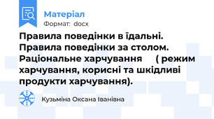 Правила поведінки в їдальні. Правила поведінки за столом. Раціональне харчування		 ( режим харчування, корисні та шкідливі продукти харчування).