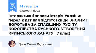 Інтерактивні вправи Історія України: перелік дат для підготовки до ЗНО/НМТ  БОРОТЬБА ЗА СПАДЩИНУ РУСІ ТА КОРОЛІВСТВА РУСЬКОГО. УТВОРЕННЯ КРИМСЬКОГО ХАНАТУ  (7 клас)