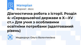 Діагностична робота з історії. Розділ 4: «Середньовічні держави в X—XV ст.» Для учня з особливими освітніми потребами (адаптований рівень)