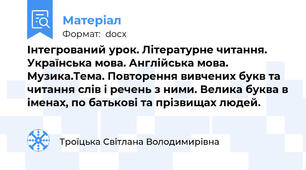 Інтегрований урок. Літературне читання. Українська мова. Англійська мова. Музика.Тема. Повторення вивчених букв та читання слів і речень з ними. Велика буква в іменах, по батькові та прізвищах людей.