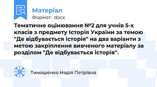 Тематичне оцінювання №2 для учнів 5-х класів з предмету Історія України за темою "Де відбувається історія" на два варіанти з метою закріплення вивченого матеріалу за розділом "Де відбувається історія".