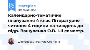Календарно-тематичне планування 4 клас Літературне читання 4 години на тиждень до підр. Вашуленко О.В. І-ІІ семестр.