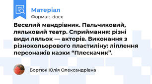 Веселий мандрівник. Пальчиковий, ляльковий театр. Сприймання: різні види ляльок — акторів. Виконання з різнокольорового пластиліну: ліплення персонажів казки “Плескачик”.