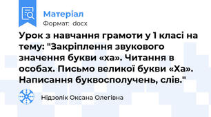 Урок з навчання грамоти у 1 класі на тему: "Закріплення звукового значення букви «ха». Читання в особах. Письмо великої букви «Ха». Написання буквосполучень, слів."