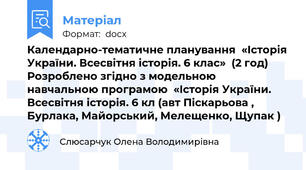Календарно-тематичне планування  «Історія України. Всесвітня історія. 6 клас»  (2 год) Розроблено згідно з модельною навчальною програмою  «Історія України. Всесвітня історія. 6 кл (авт Піскарьова , Бурлака, Майорський, Мелещенко, Щупак )