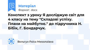 Конспект з уроку Я досліджую світ для 4 класу на тему "Складові успіху. Плани на майбутнє." до підручника Н. Бібік, Г. Бондарчук.