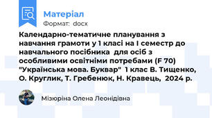 Календарно-тематичне планування з навчання грамоти у 1 класі на І семестр до навчального посібника  для осіб з особливими освітніми потребами (F 70) "Українська мова. Буквар"  1 клас В. Тищенко, О. Круглик, Т. Гребенюк, Н. Кравець,  2024 р.