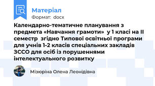Календарно-тематичне планування з предмета «Навчання грамоти»  у 1 класі на ІІ семестр  згідно Типової освітньої програми для учнів 1-2 класів спеціальних закладів ЗССО для осіб із порушеннями інтелектуального розвитку