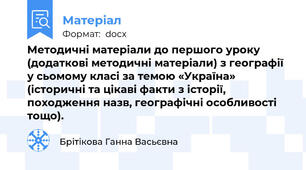 Методичні матеріали до першого уроку (додаткові методичні матеріали) з географії у сьомому класі за темою «Україна» (історичні та цікаві факти з історії, походження назв, географічні особливості тощо).