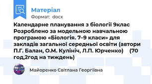 Календарне планування з біології 9клас Розроблено за модельною навчальною програмою «Біологія. 7–9 класи» для закладів загальної середньої освіти (автори П.Г. Балан, О.М. Кулініч, Л.П. Юрченко) 	 (70 год,2год на тиждень)