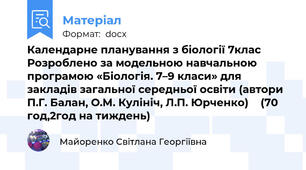 Календарне планування з біології 7клас Розроблено за модельною навчальною програмою «Біологія. 7–9 класи» для закладів загальної середньої освіти (автори П.Г. Балан, О.М. Кулініч, Л.П. Юрченко) 	 (70 год,2год на тиждень)