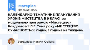 КАЛЕНДАРНО-ТЕМАТИЧНЕ ПЛАНУВАННЯ УРОКІВ МИСТЕЦТВА В 9 КЛАСІ  за модельною програмою «Мистецтво» Кондратової Л.Г. Тема року «МИСТЕЦТВО СУЧАСНОСТІ»35 годин, 1 година на тиждень