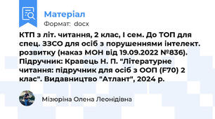 КТП з літ. читання, 2 клас, І сем. До ТОП для спец. ЗЗСО для осіб з порушеннями інтелект. розвитку (наказ МОН від 19.09.2022 №836). Підручник: Кравець Н. П. "Літературне читання: підручник для осіб з ООП (F70) 2 клас". Видавництво "Атлант", 2024 р.