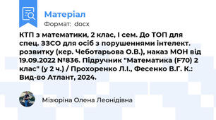 КТП з математики, 2 клас, І сем. До ТОП для спец. ЗЗСО для осіб з порушеннями інтелект. розвитку (кер. Чеботарьова О.В.), наказ МОН від 19.09.2022 №836. Підручник "Математика (F70) 2 клас" (у 2 ч.) / Прохоренко Л.І., Фесенко В.Г. К.: Вид-во Атлант, 2024.