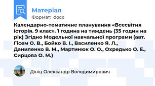 Календарно-тематичне планування «Всесвітня історія. 9 клас». 1 година на тиждень (35 годин на рік) Згідно Модельної навчальної програми (авт. Гісем О. В., Бойко В. І., Василенко Я. Л., Даниленко В. М., Мартинюк О. О., Охредько О. Е., Сирцова О. М.)