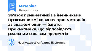 Зв'язок прикметників з іменниками. Практичне змінювання прикметників за зразком один — багато.  Прикметники, що відповідають реальним ознакам предметів