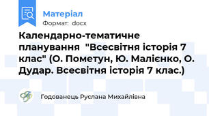 Календарно-тематичне планування  "Всесвітня історія 7 клас" (О. Пометун, Ю. Малієнко, О. Дудар. Всесвітня історія 7 клас.)