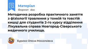 Методична розробка практичного заняття з фізіології травлення у тонкій та товстій кишці для студентів 2-го курсу відділення Лікувальна справа Новгород-Сіверського медичного училища.