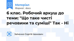 6 клас. Робочий аркуш до теми: "Що таке чисті речовини та суміші" Так - Ні