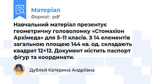 Навчальний матеріал презентує геометричну головоломку «Стомахіон Архімеда» для 5–11 класів. З 14 елементів загальною площею 144 кв. од. складають квадрат 12×12. Документ містить паспорт фігур та координати.