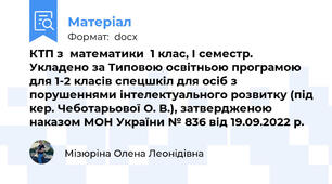 КТП з  математики  1 клас, І семестр. Укладено за Типовою освітньою програмою для 1-2 класів спецшкіл для осіб з порушеннями інтелектуального розвитку (під кер. Чеботарьової О. В.), затвердженою наказом МОН України № 836 від 19.09.2022 р.