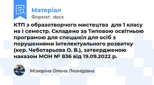 КТП з образотворчого мистецтва  для 1 класу на І семестр. Складено за Типовою освітньою програмою для спецшкіл для осіб з порушеннями інтелектуального розвитку (кер. Чеботарьова О. В.), затвердженою наказом МОН № 836 від 19.09.2022 р.