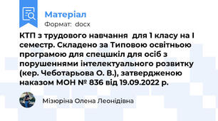 КТП з трудового навчання  для 1 класу на І семестр. Складено за Типовою освітньою програмою для спецшкіл для осіб з порушеннями інтелектуального розвитку (кер. Чеботарьова О. В.), затвердженою наказом МОН № 836 від 19.09.2022 р.