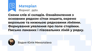 Схеми слів зі складів. Ознайомлення з основним рядком сітки зошита, окремо верхньою та нижньою рядковими лініями. Формування уявлення про поле сторінки. Письмо ламаних і півовальних ліній у рядку.