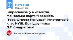 Імпресіонізм у мистецтві. Ментальна карта "Творчість П'єра-Огюста Ренуара". Мистецтво 9 клас НУШ. До підручника Л.Г.Кондратової.