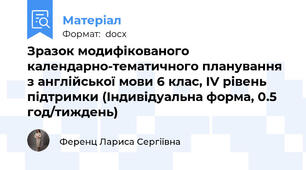 Зразок модифікованого календарно-тематичного планування з англійської мови 6 клас, ІV рівень підтримки (Індивідуальна форма, 0.5 год/тиждень)